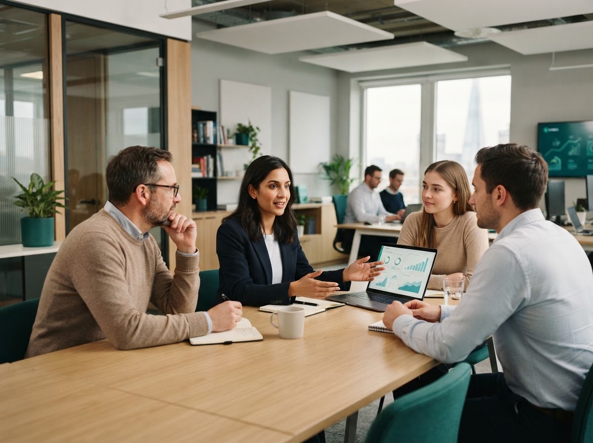 Bluventures team discussing portfolio analysis in a calm office setting